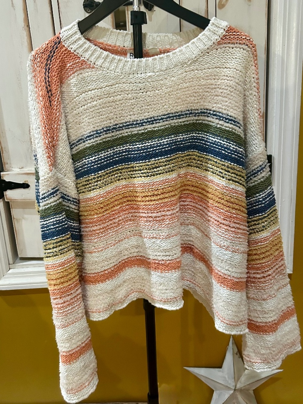 Roxy Multicolor Striped Chunky Knit Sweater Coastal Boho Womenโs Large